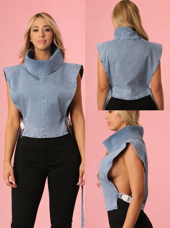 micas Tops - Micas Denim Wide Shoulder Sleeveless Hi Neck Top Size Small NWT!